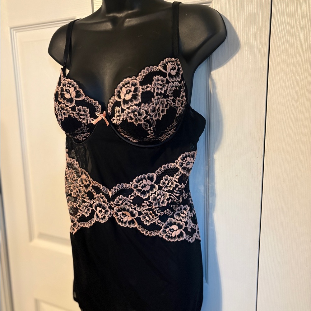 La Vie En Rose Black Chemise with Blush Lace Accents